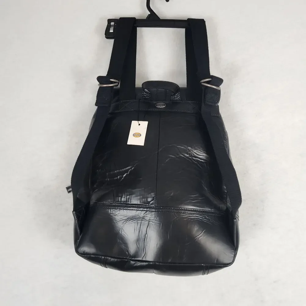 NWT Fossil Rucksack Black Emerson Leather Woven Canvas Straps Tassel Drawstring
